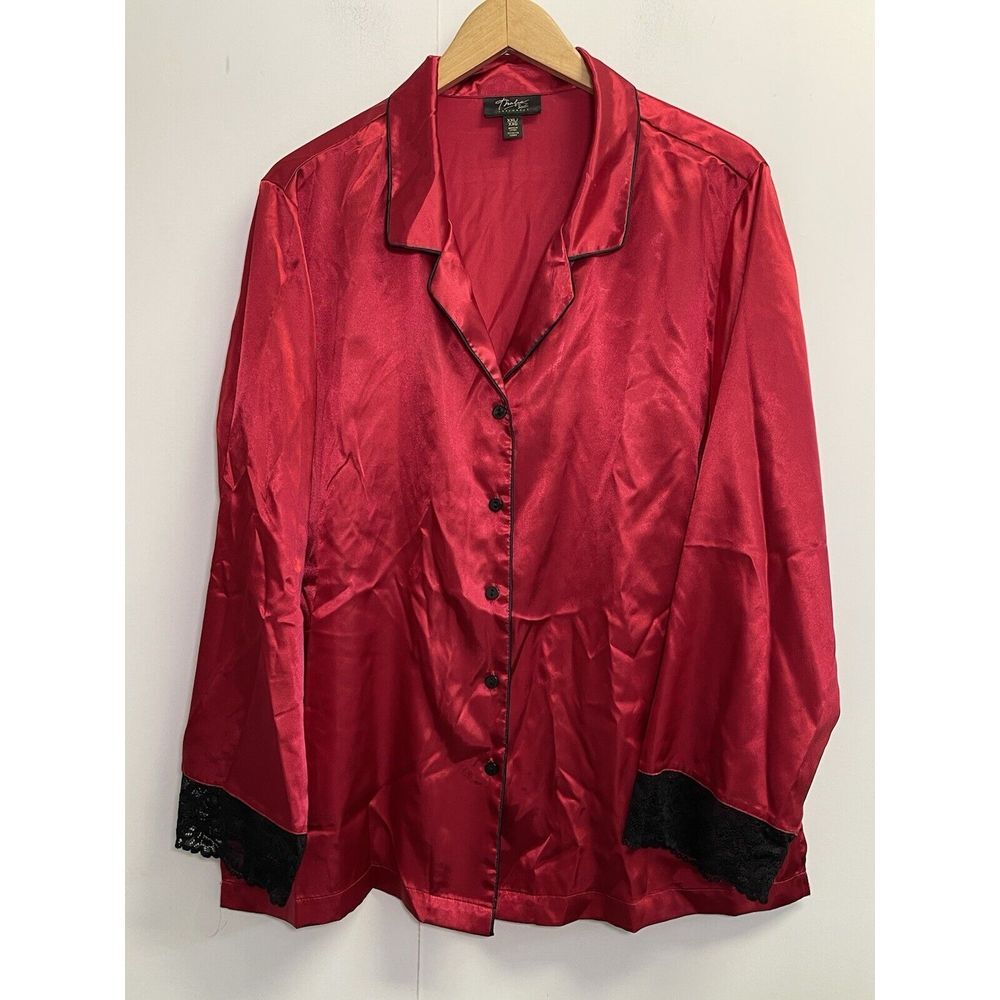 Thalia Sodi Intimates Women's Size XXL Red Satin PJ Top Lace Trim Long Sleeve